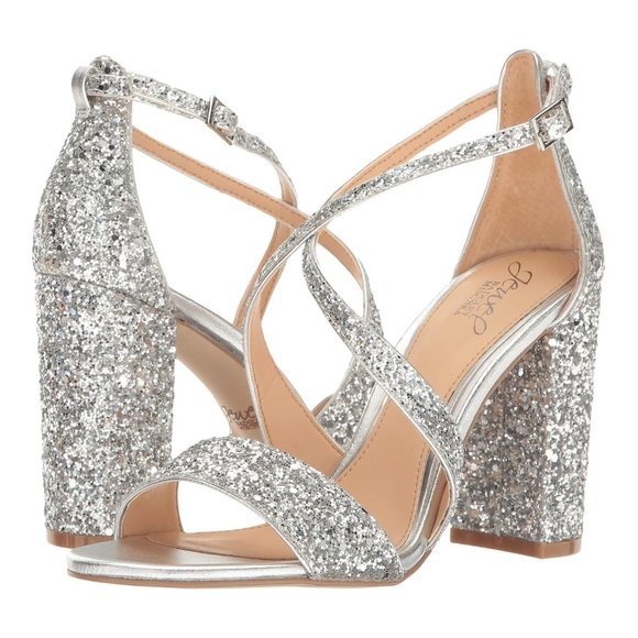 New Jewel Badgley Mischka Heel Sandals Silver Glitter - Picture 2 of 8